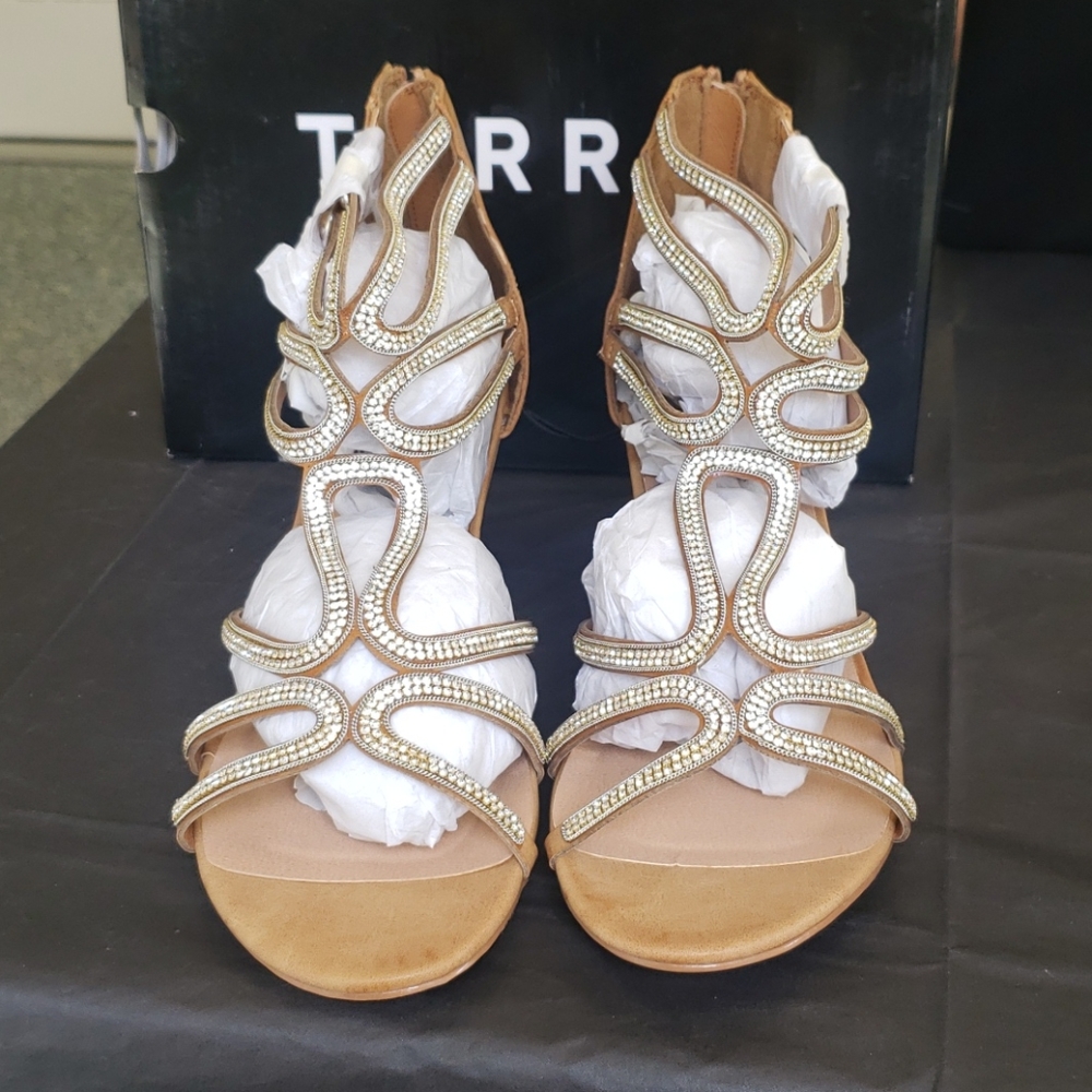 NWT Torrid Tan Rhinestone Strappie Wedges